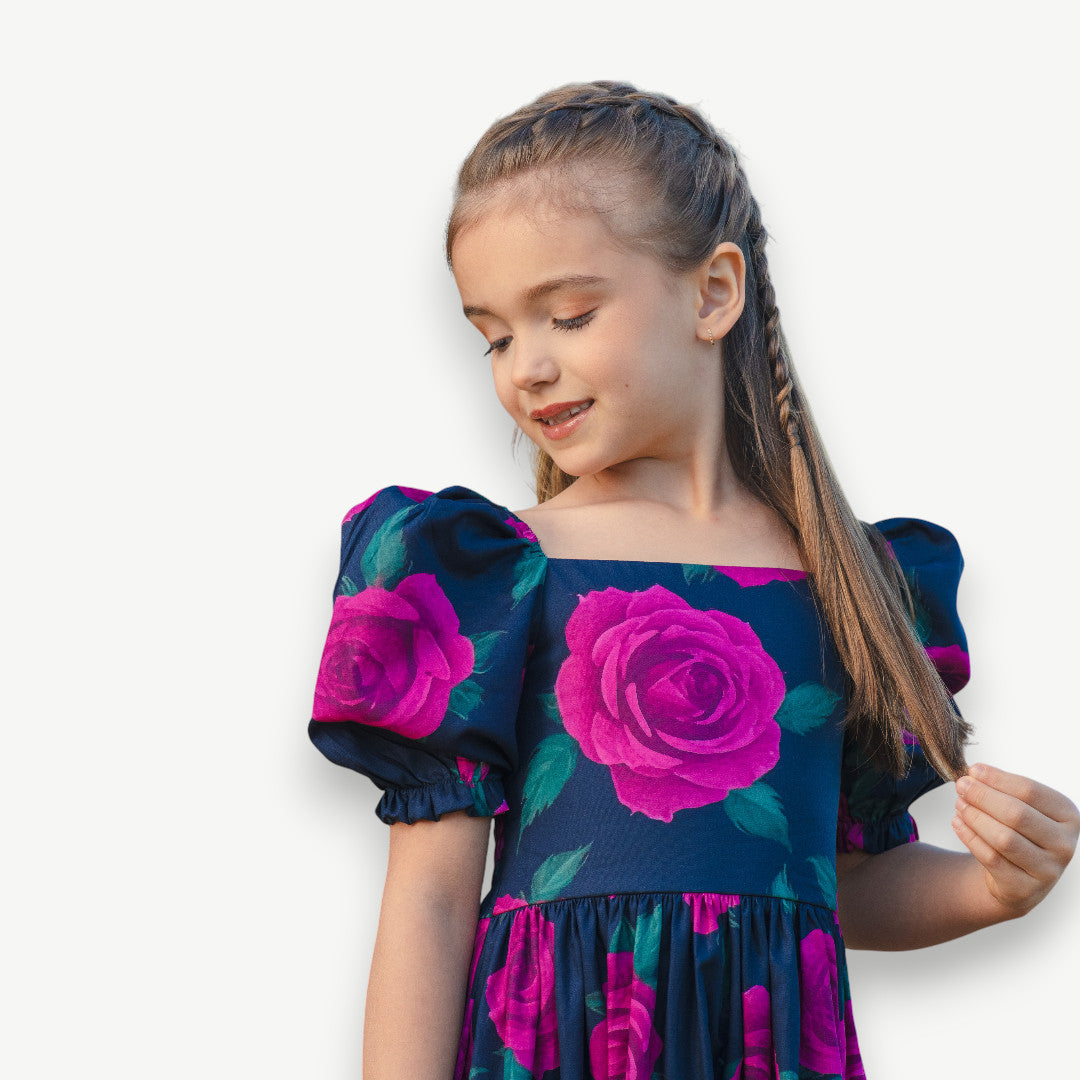 Vestido Infantil Marinho Flor Rosas