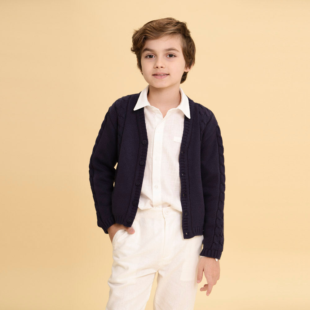 Cardigan Infantil De Tricot Benjamin Azul Marinho