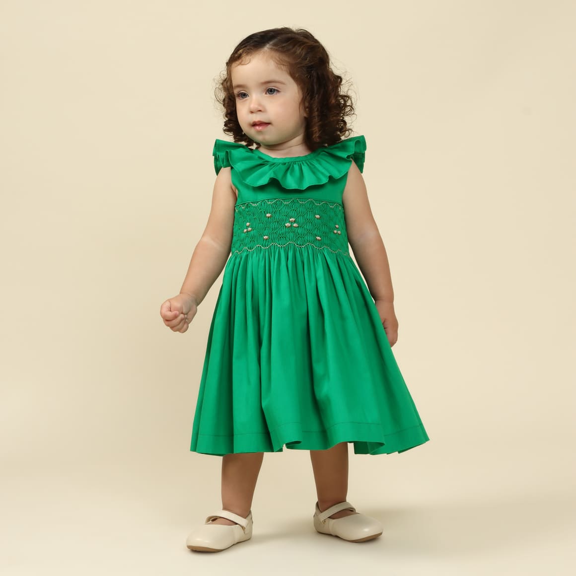 Vestido Natal Bebê Bordado Babado Verde