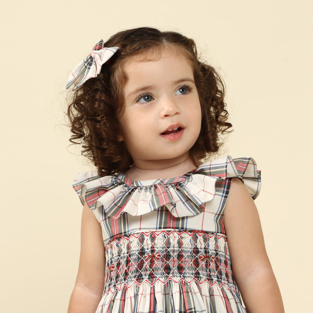 Vestido Natal Bebê Bordado Babado Xadrez