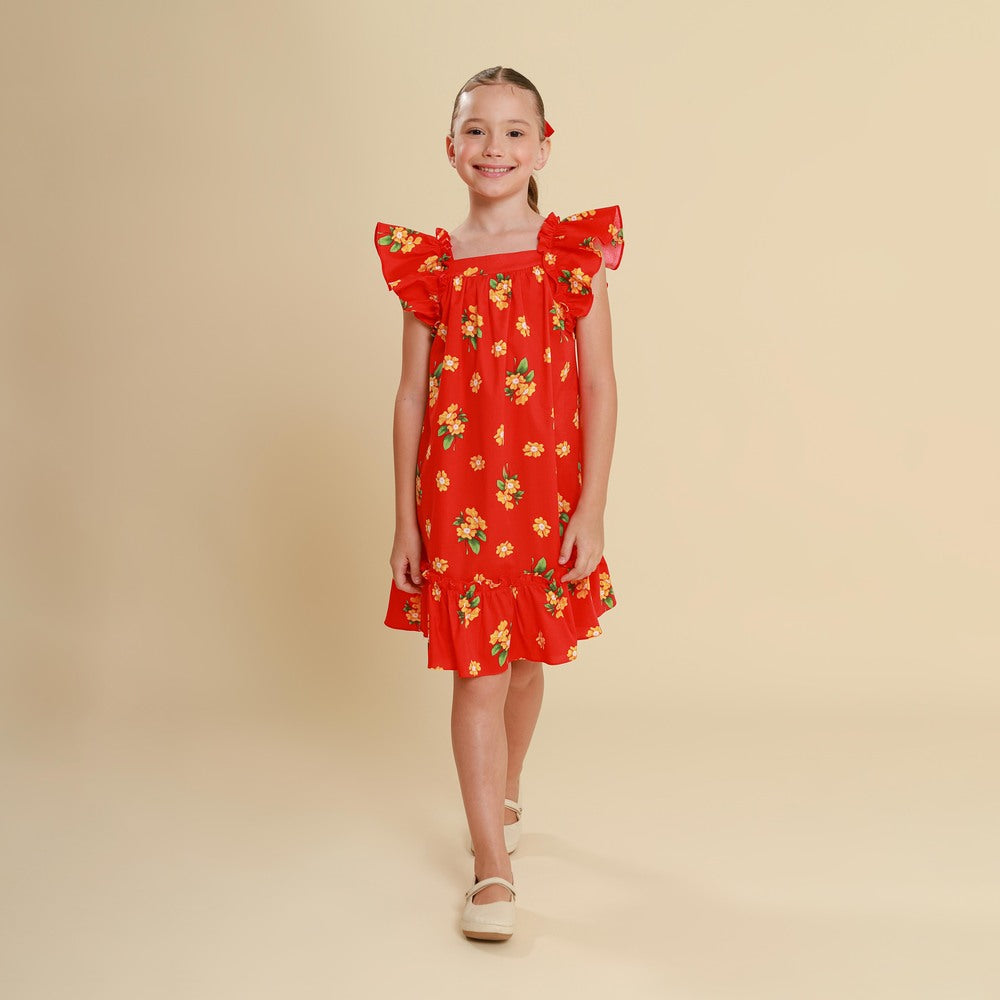 Vestido Infantil Bolonha Flores Vermelho