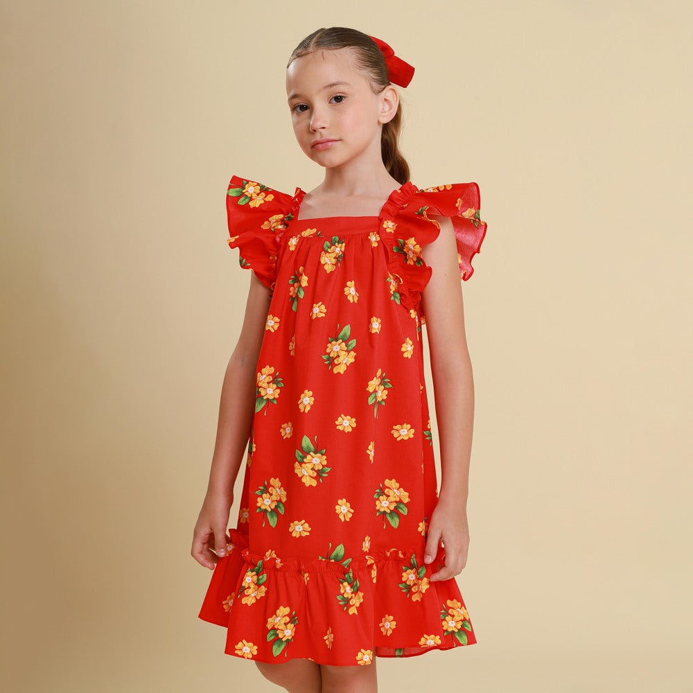 Vestido Infantil Bolonha Flores Vermelho