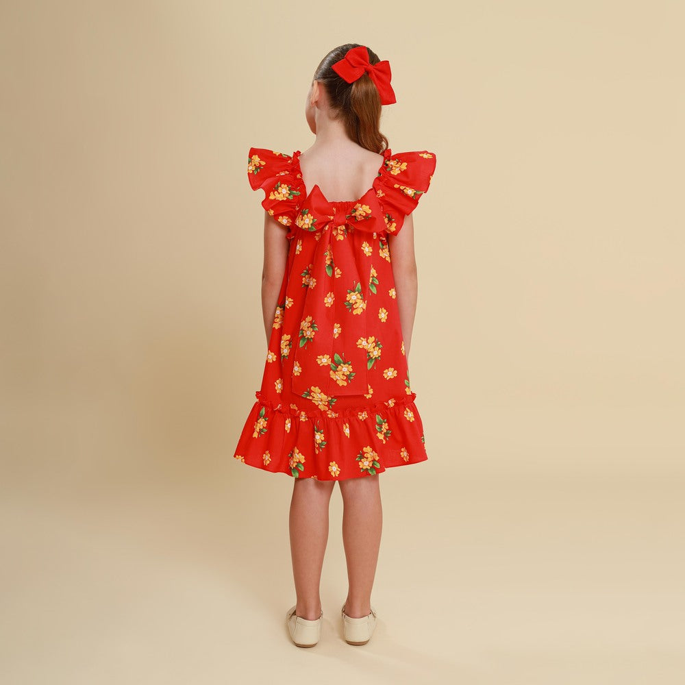 Vestido Infantil Bolonha Flores Vermelho