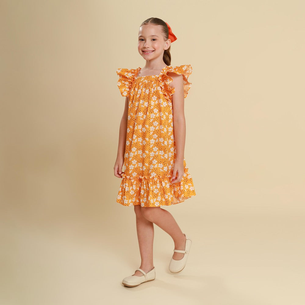 Vestido Infantil Bolonha Flor Laranja