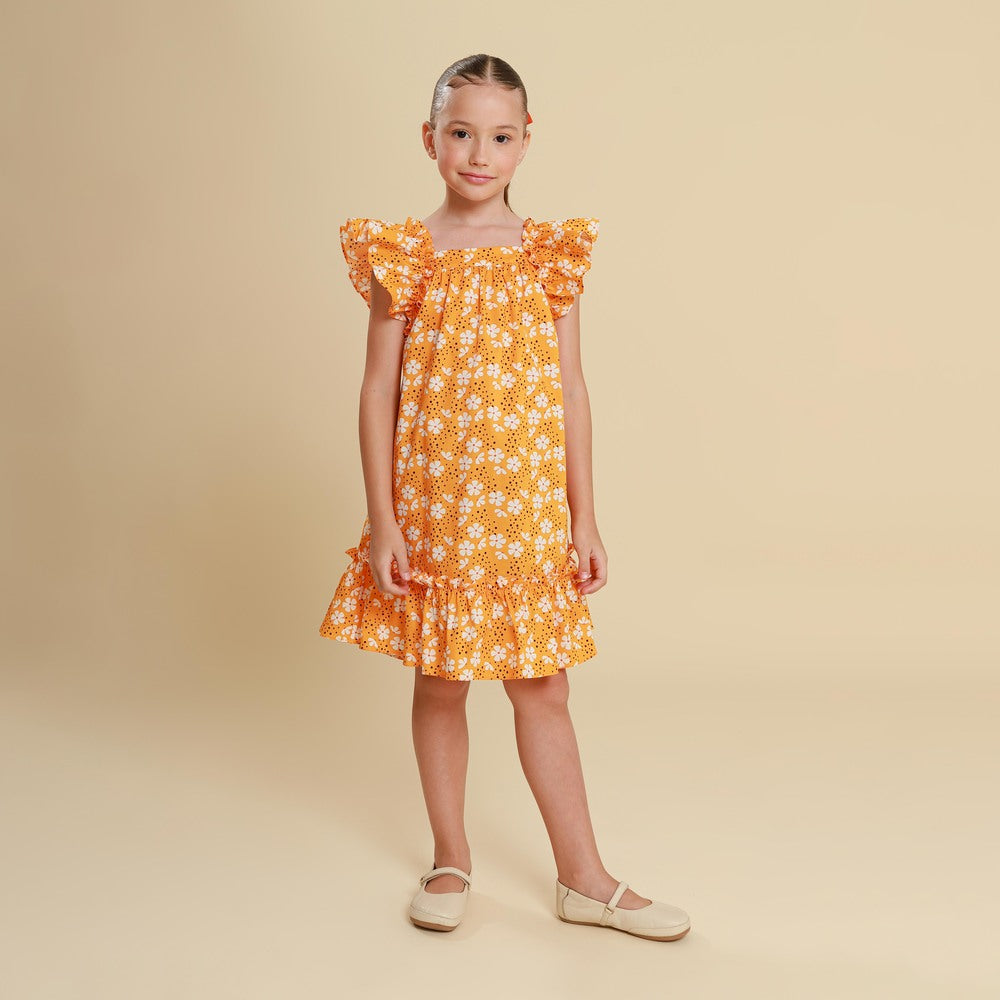 Vestido Infantil Bolonha Flor Laranja