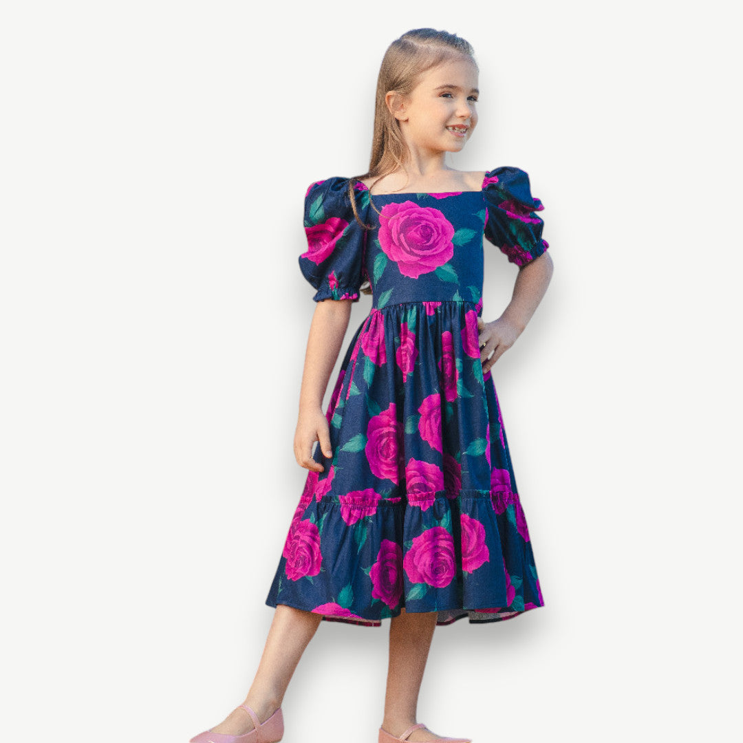 Vestido Infantil Marinho Flor Rosas