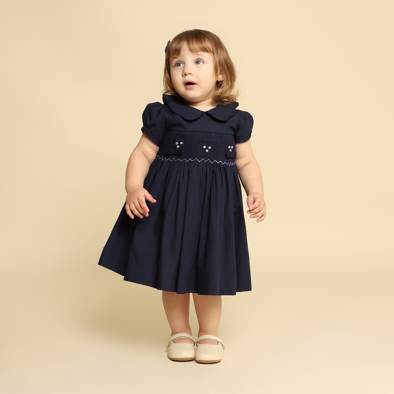 Vestido Bordado Bebê Gola Matame Azul Marinho