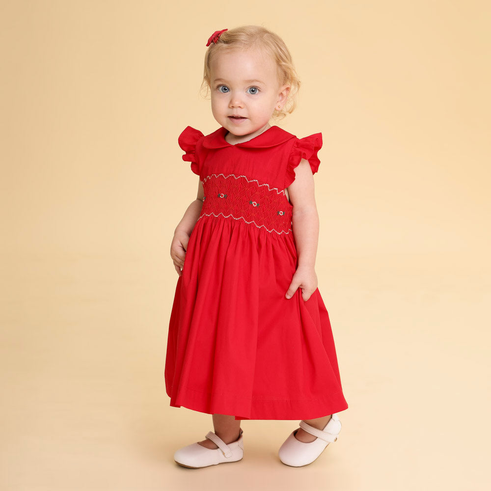 Vestido Bebê Bordado Manga Abinha Vermelho