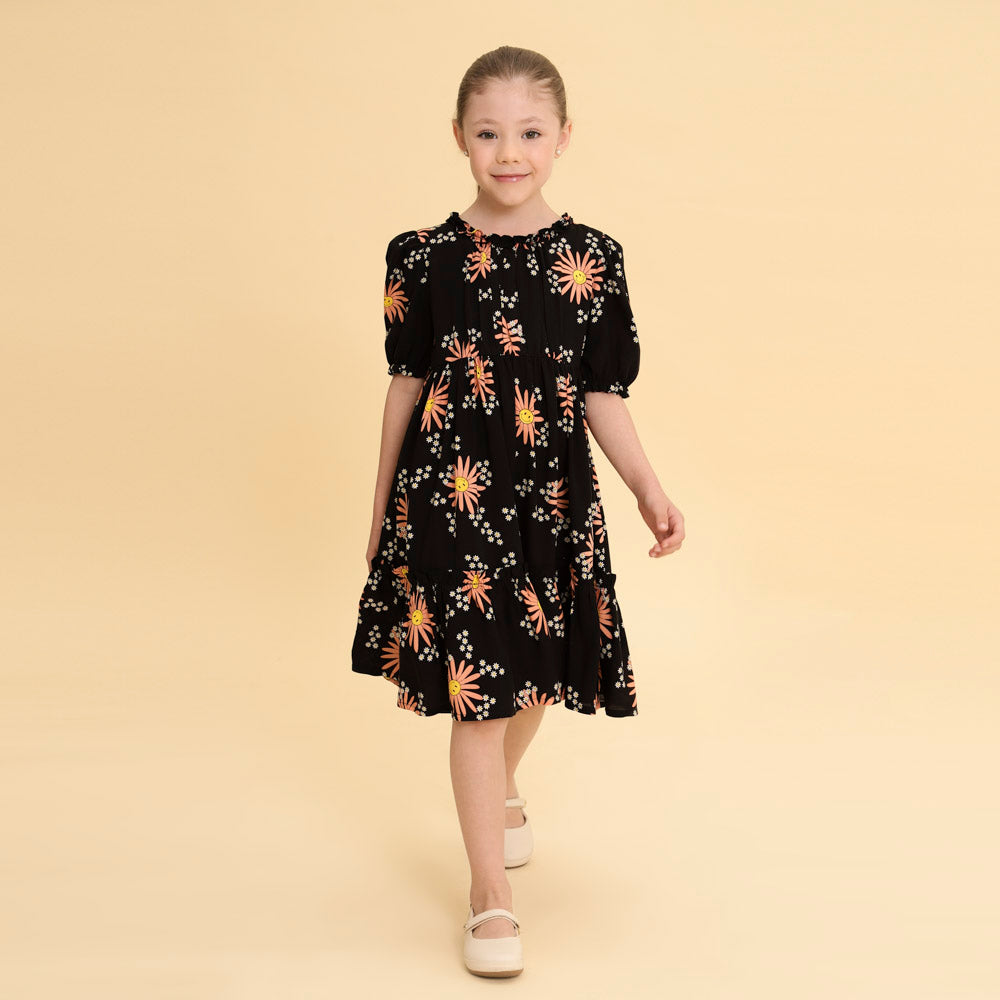 Vestido Infantil Lírio Flores Preto